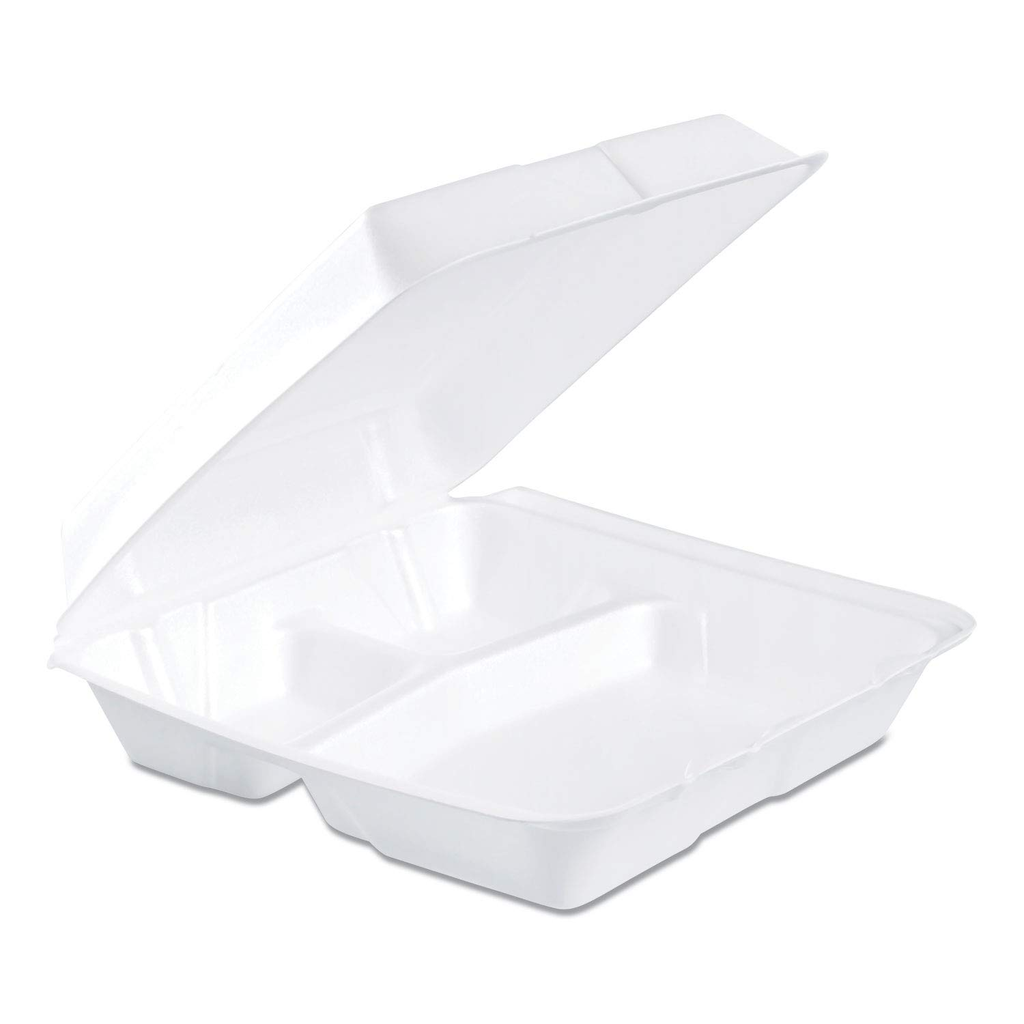 Foam Hinged Lid Containers, 3-Compartment, 9.25 x 9.5 x 3, White, 200/Carton