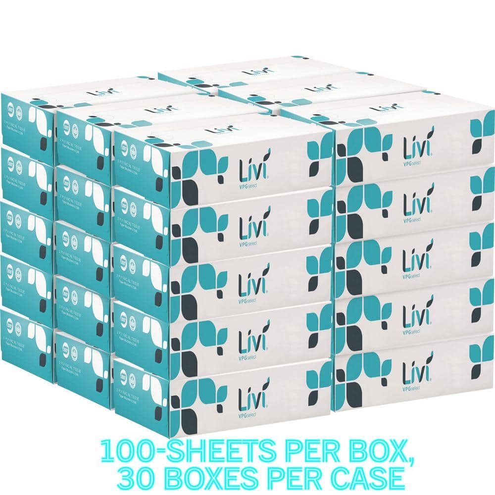 Livi Flat Box Facial Tissue, 2-Ply, 30/100-Case