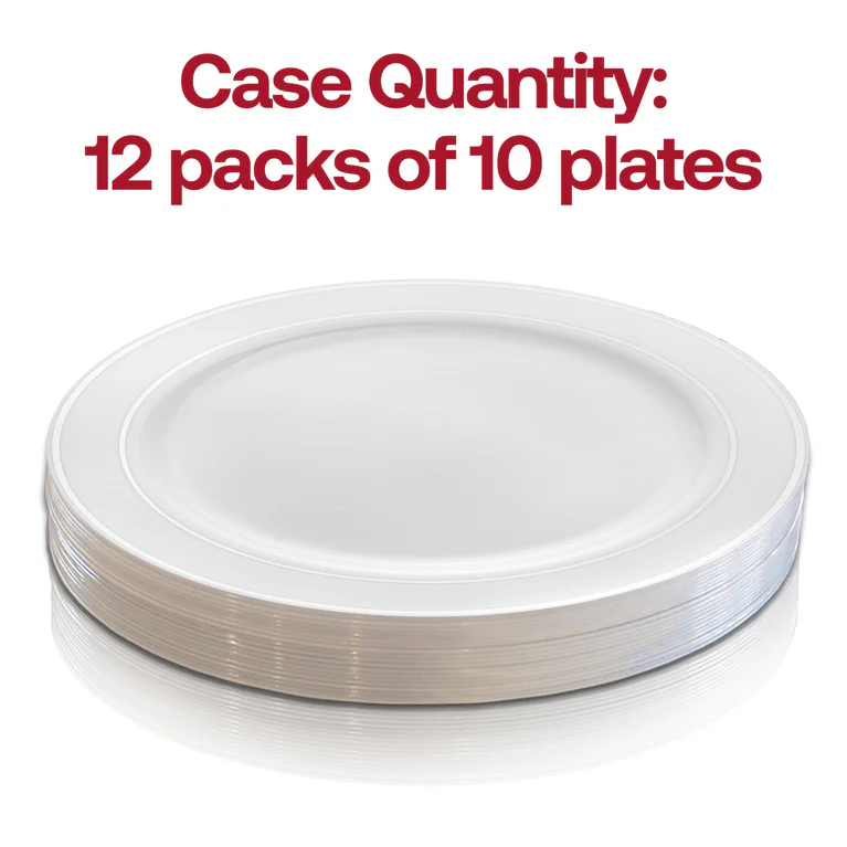 Silver Visions 10" White Plastic Plate with Silver Bands - 120/Case