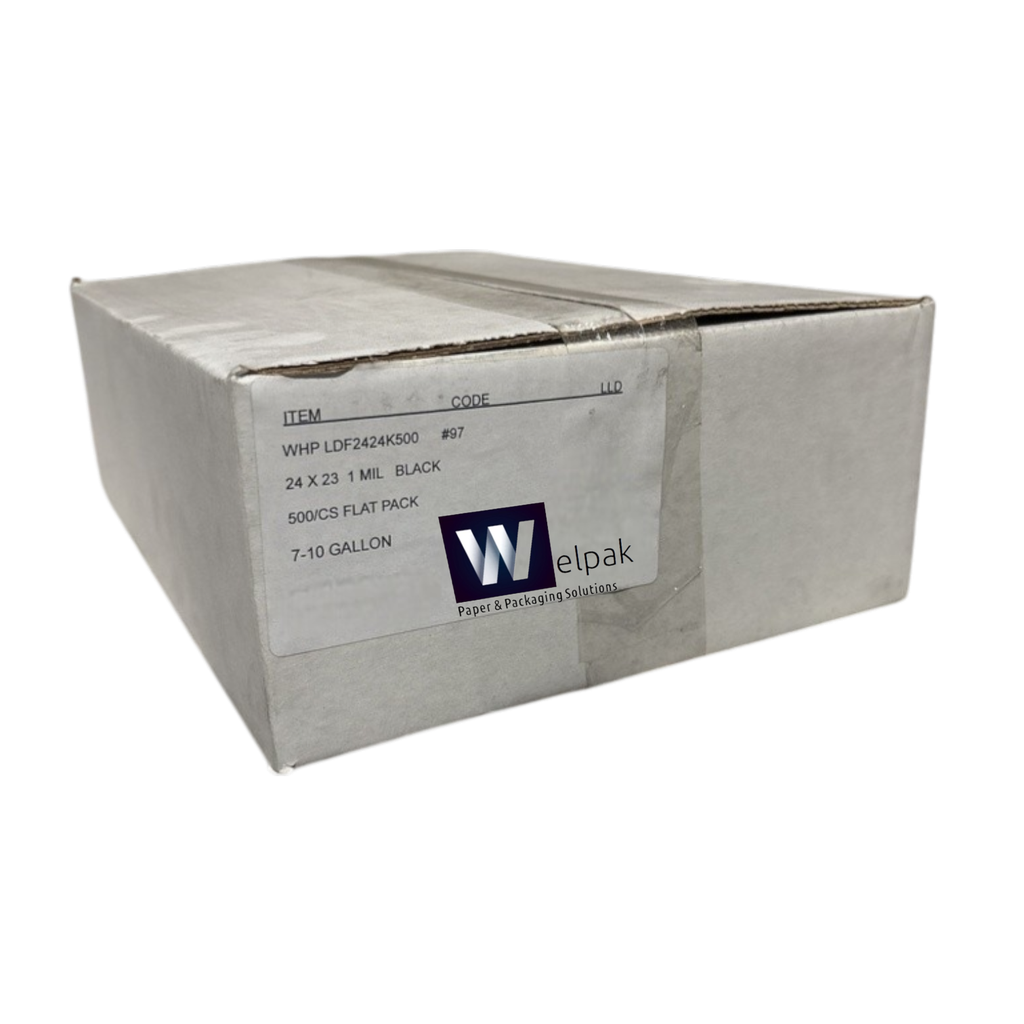 (#97) 24 x 23 Black (1 Mil) Flat Pack Low-D Can Liner  500/Case, 7-10 Gallon