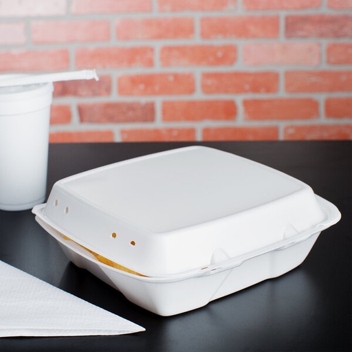 [WEB 30190HTPF1R] Dart 90HTPF1R Perforated White Foam Square Take Out Container with Hinged Lid 9" x 9" x 3" - 200/Case