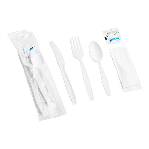 [WEB 346WKFSNSPM] Choice White Medium Weight Wrapped Plastic Cutlery Pack with Napkin and Salt / Pepper Packets, 500 / Case
