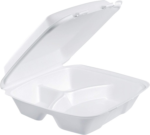 [WEB 30195HT3R] Dart 95HT3R 9 1/2" x 9" x 3" White Foam Three-Compartment Square Take Out Container with Hinged Lid - 200/Case